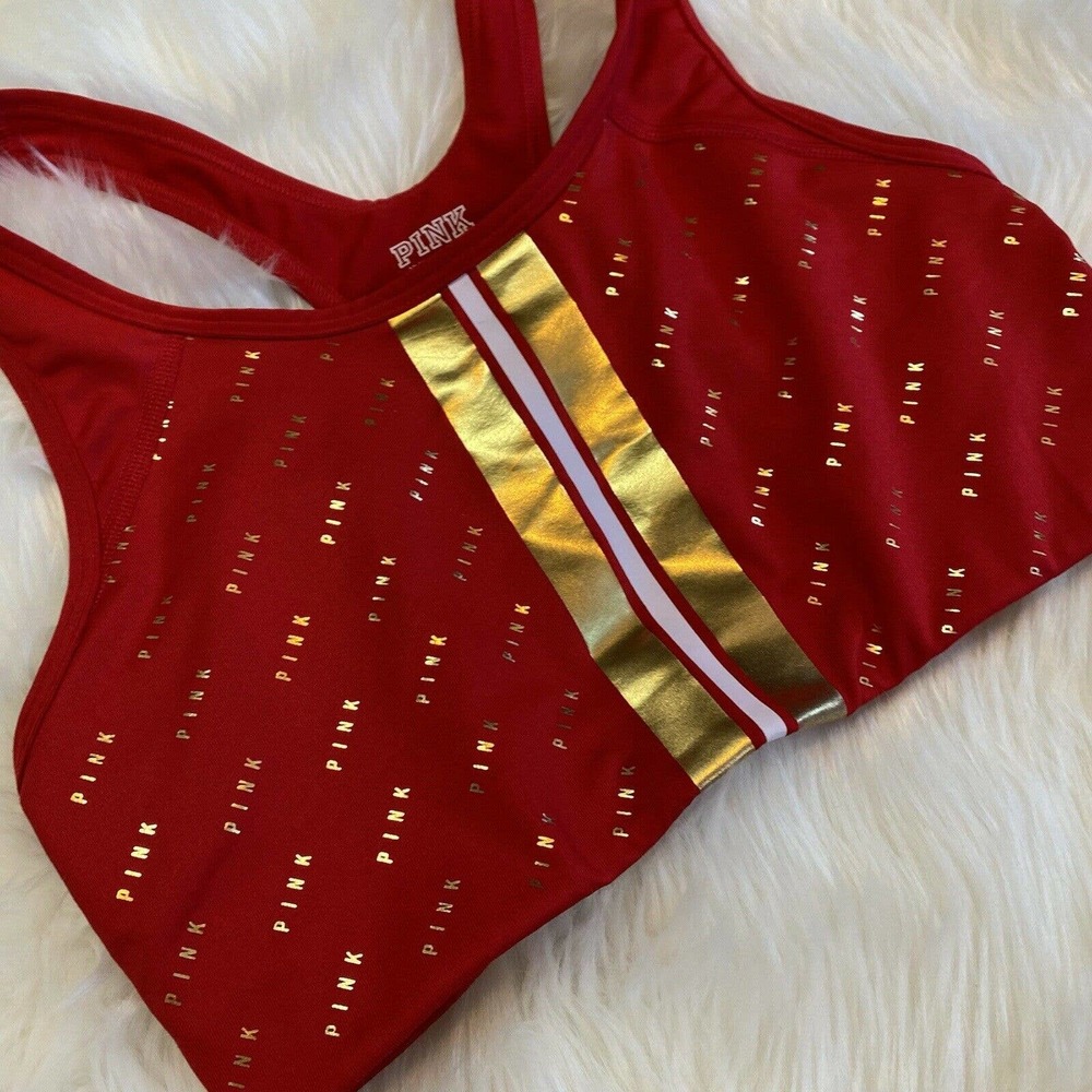 PINK Victoria’s Secret Sports Bra Red Gold & White Stripes Logo Size Medium - Picture 3 of 5